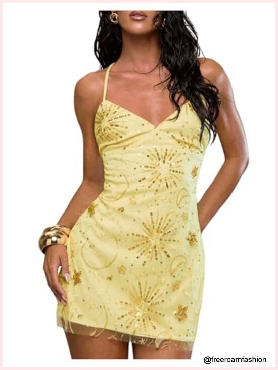 Dresses & Skirts - Sequin Mini Dress V Neck Backless Bodycon Club Party Dress